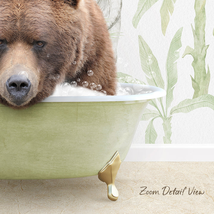 A brown bear is sitting in a green bathtub filled with bubbles, with a tropical plant patterned wall in the background.