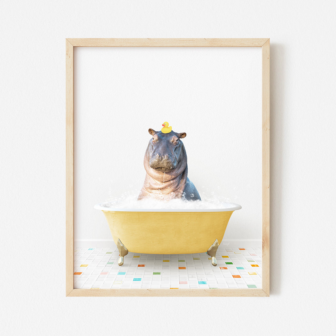 a hippo in a bathtub with a crown on its head