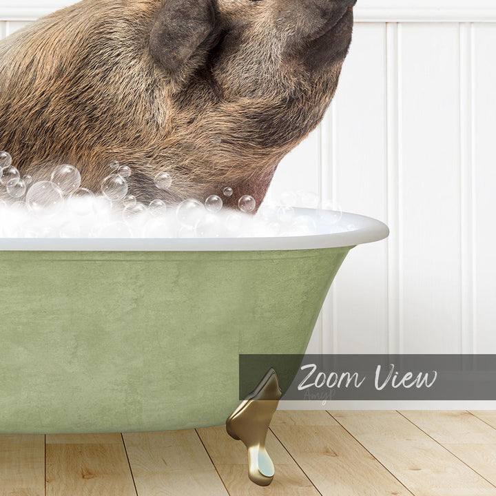 A pig is sitting in a green bathtub filled with bubbles, enjoying a bath.
