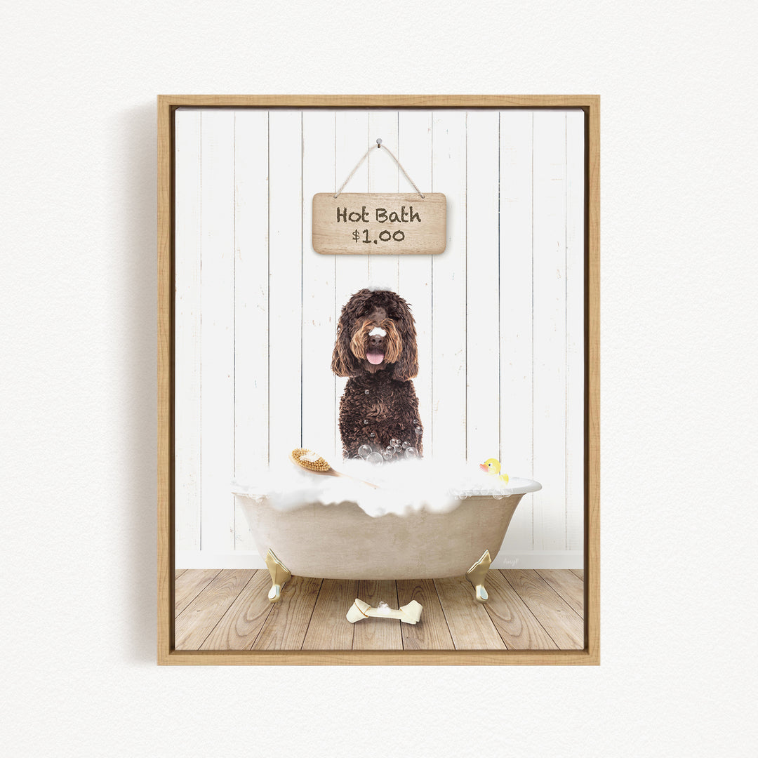 A brown dog sitting in a white bathtub, with a wooden sign above the tub indicating a hot bath for $1.00.