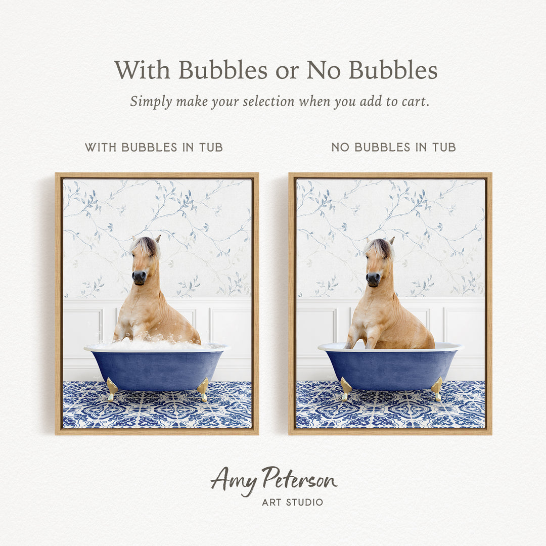 The image is a collage of two pictures, each featuring a horse in a bathtub. The first picture shows a horse sitting in a blue tub, while the second picture shows a horse sitting in a tub without bubbles. The text above the images reads "With Bubbles or No Bubbles Simply make your selection when you add to cart."