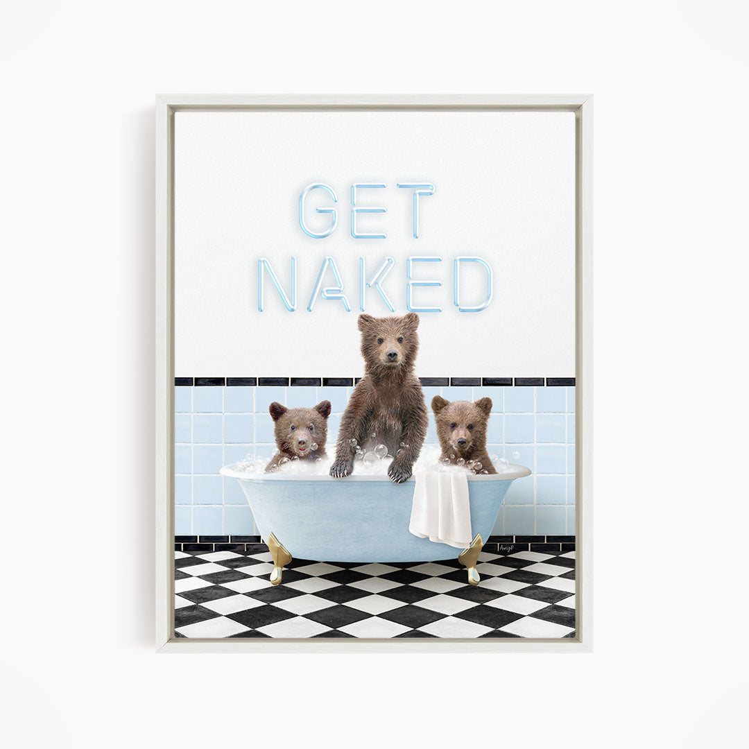 A framed image depicting three bears sitting in a bathtub, with the text "GET NAKED" displayed above them.