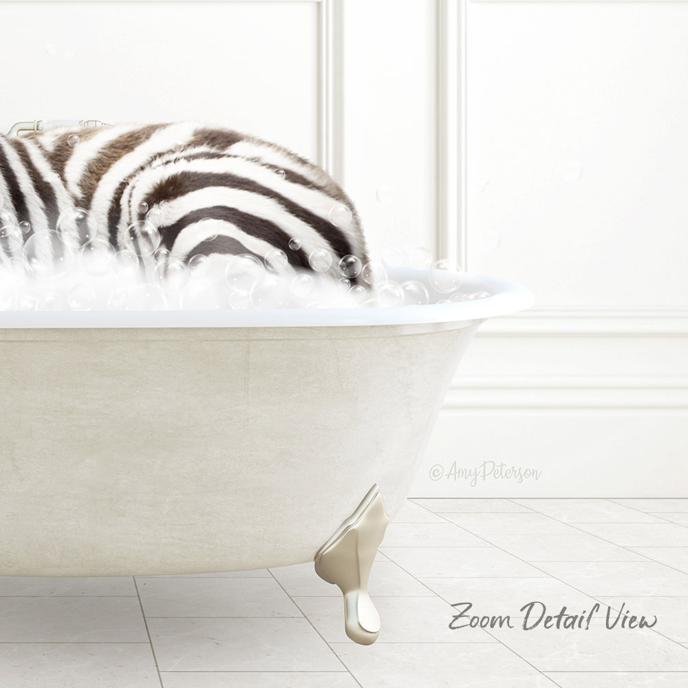 A zebra lying in a white bathtub filled with bubbles, creating a whimsical and playful scene.