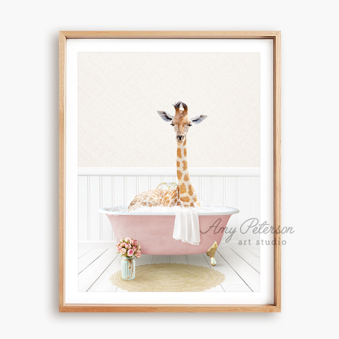 a picture of a giraffe sitting in a bathtub