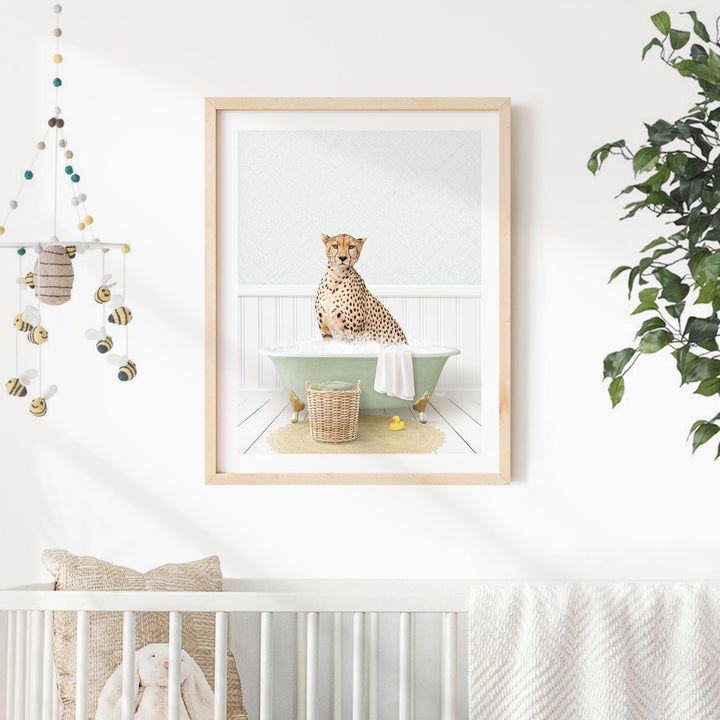 A cheetah sits in a bathtub, surrounded by a beige towel and a basket of bath toys, in a serene and whimsical nursery setting.