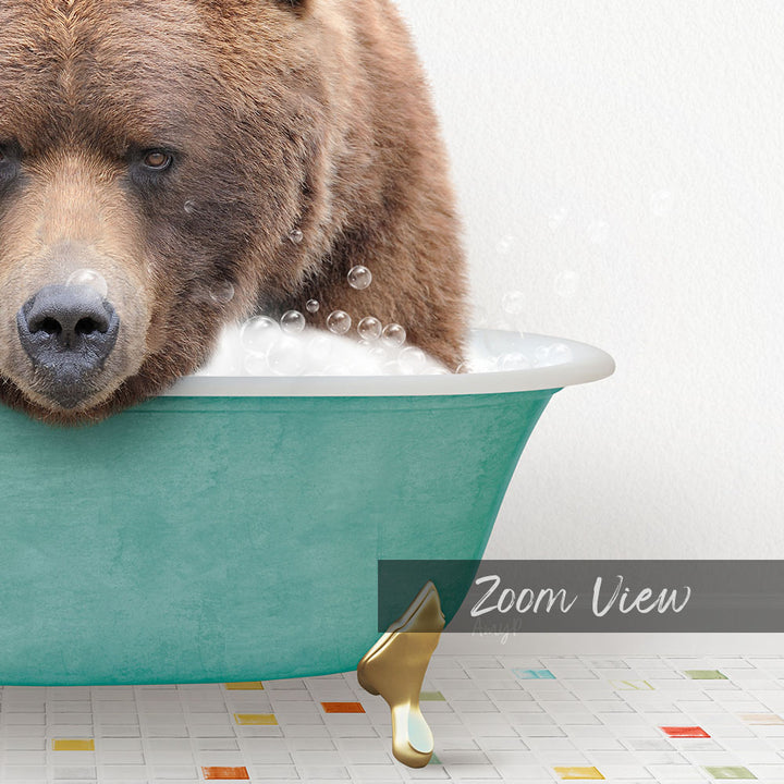A close-up of a bear sitting in a bathtub filled with bubbles, with a text overlay that reads "Zoom View".