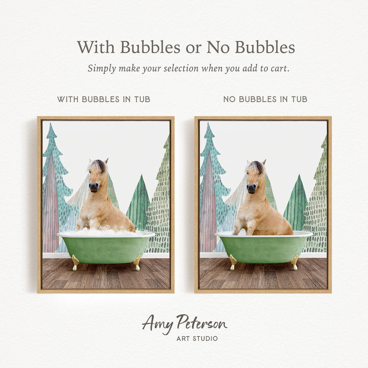 The image is a collage of two pictures featuring a horse sitting in a bathtub. The first picture has bubbles in the tub, while the second picture does not have bubbles. The text above the images reads "With Bubbles or No Bubbles Simply make your selection when you add to cart."