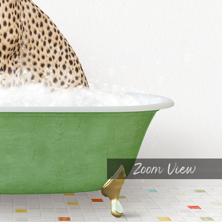 A leopard-print bathtub filled with water and bubbles, with a gold bathtub leg visible on the floor.