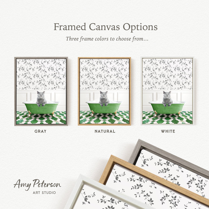 The image is a framed canvas option showcasing three different framed canvas options for a cat sitting in a bathtub. The options include a gray frame, a natural frame, and a white frame.