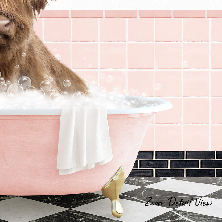 A dog is sitting in a pink bathtub filled with bubbles, with a towel hanging on the side and a pink tile wall in the background.
