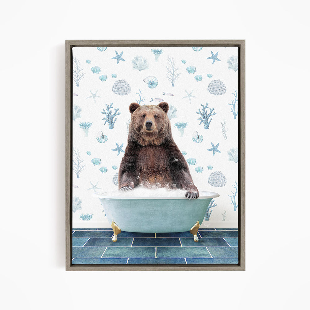 A brown bear sitting in a blue bathtub filled with water, surrounded by a pattern of seashells, starfish, and other marine life.