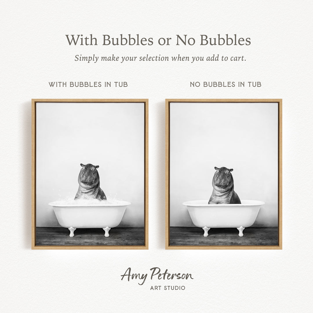 The image is a black and white photograph of a hippopotamus sitting in a bathtub, with the text "With Bubbles or No Bubbles" above the images.