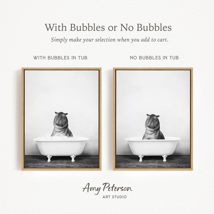 The image is a black and white photograph of a hippopotamus sitting in a bathtub, with the text "With Bubbles or No Bubbles" above the images.