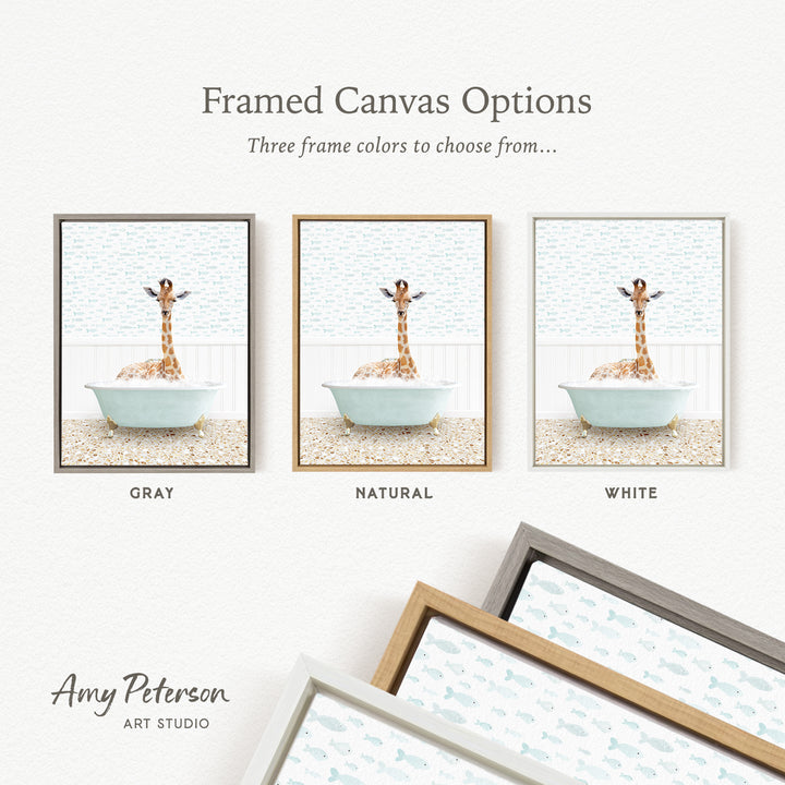 three framed canvas options featuring a giraffe in a bathtub, each with a different frame color: gray, natural, and white.