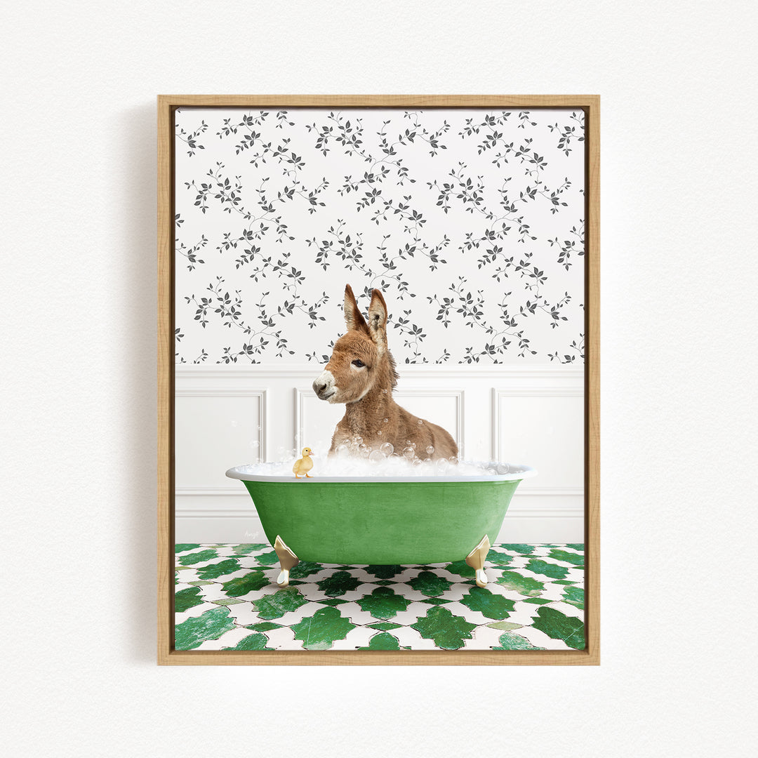 A donkey is sitting in a green bathtub filled with water, surrounded by a patterned wall and green and white tiles on the floor.
