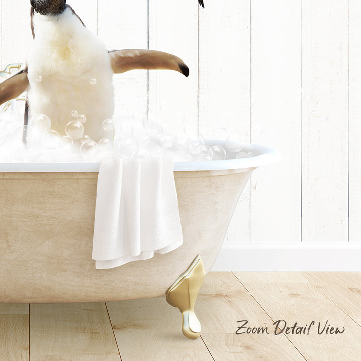 A cat sitting in a bathtub filled with bubbles, with a towel draped over the side and a wooden floor visible in the background.