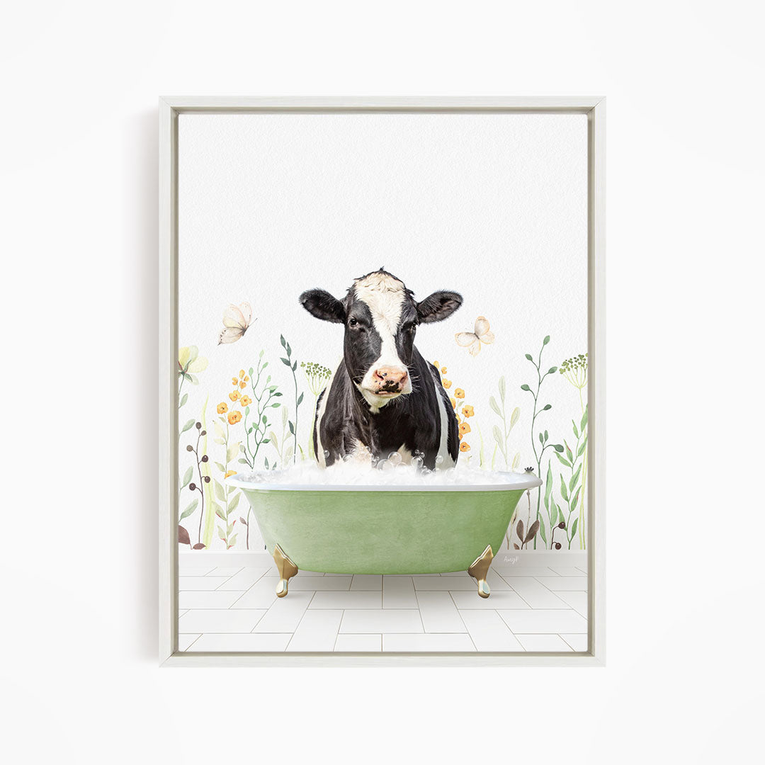A black and white cow is standing in a green bathtub filled with water, surrounded by flowers and butterflies.