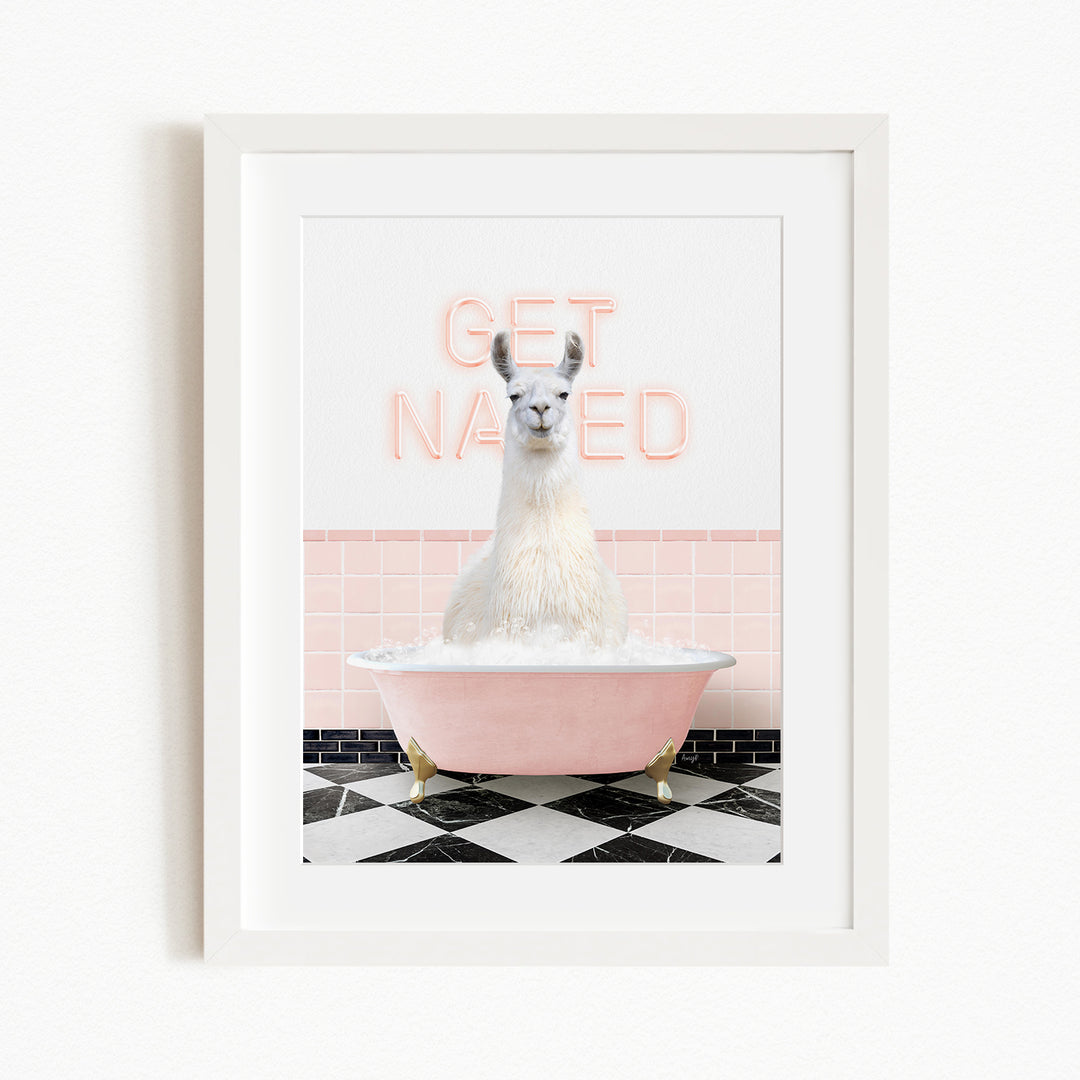 A white llama sitting in a pink bathtub with the text "GET NAKED" displayed above it.