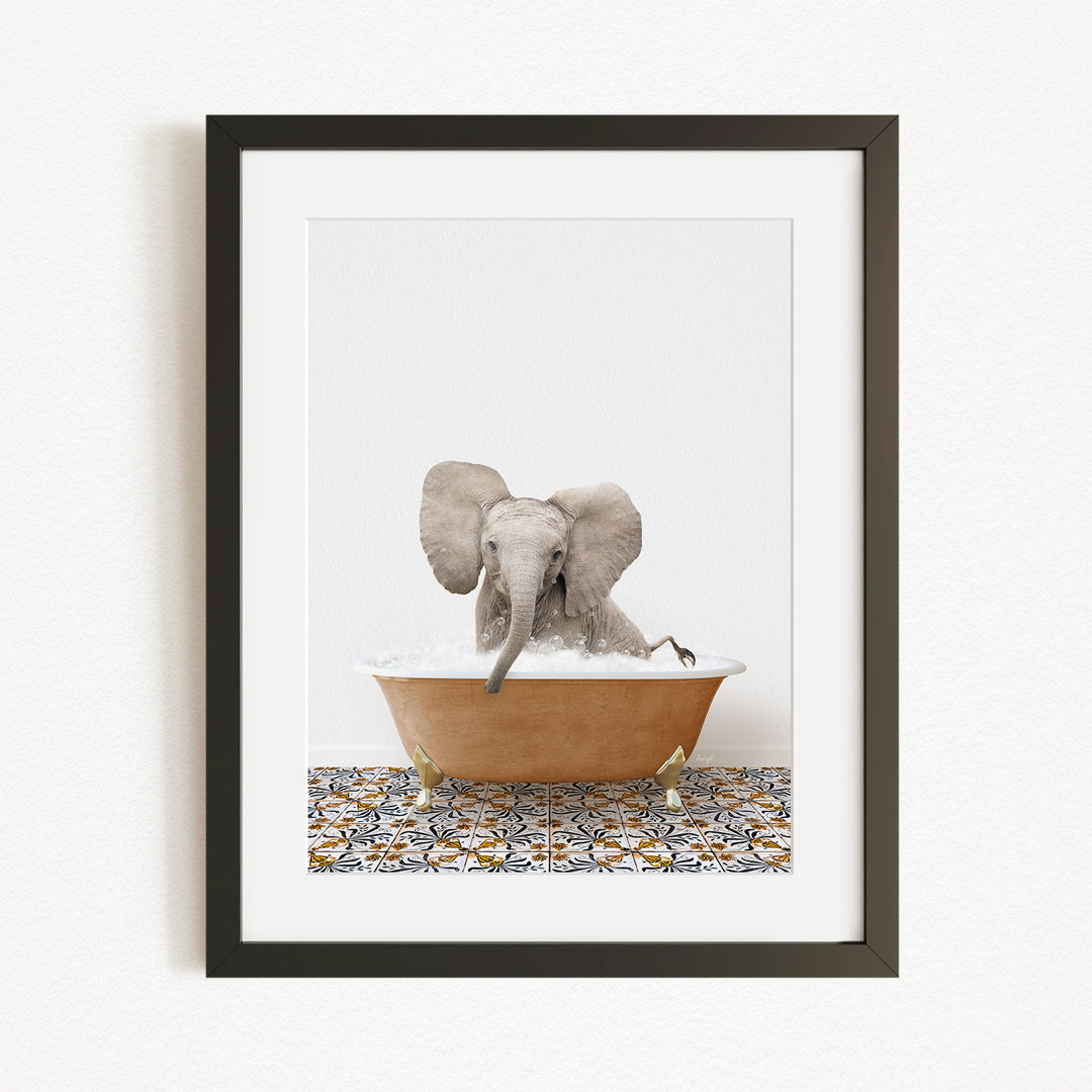 A gray elephant is sitting in a bathtub filled with water, surrounded by a patterned tile floor.