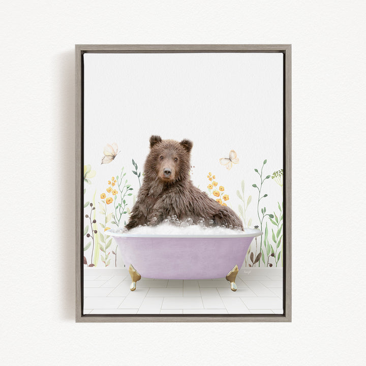 A brown bear sitting in a purple bathtub filled with bubbles, surrounded by flowers and butterflies.