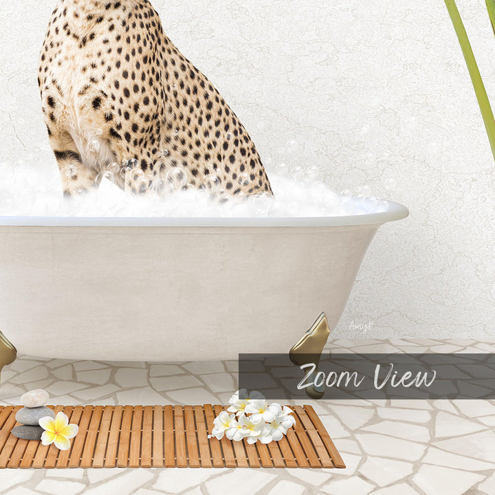 A leopard sitting in a bathtub filled with water, surrounded by flowers and a wooden mat.