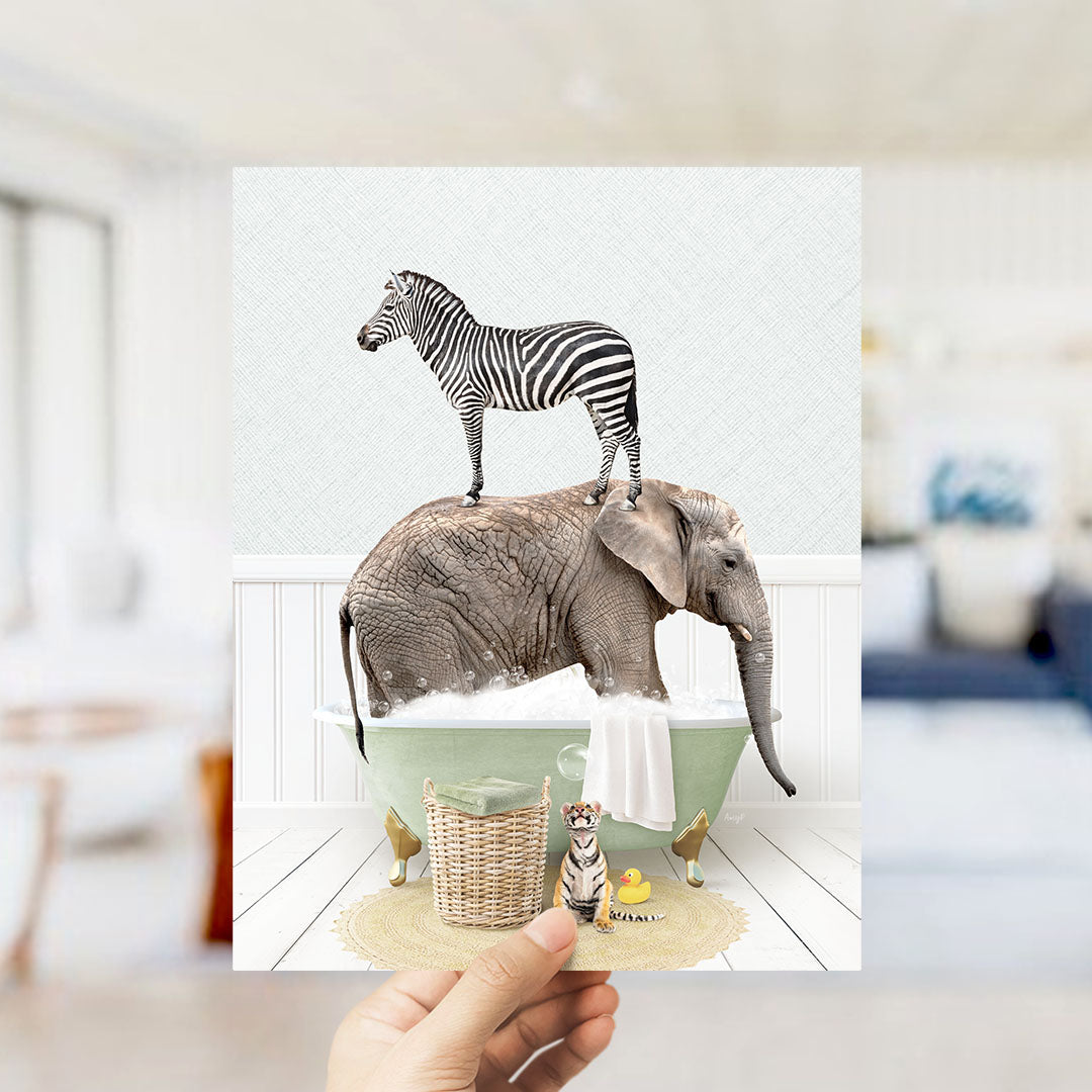 A zebra standing on an elephant's back while the elephant is in a bathtub filled with bubbles, with a small cat and a rubber duck nearby.