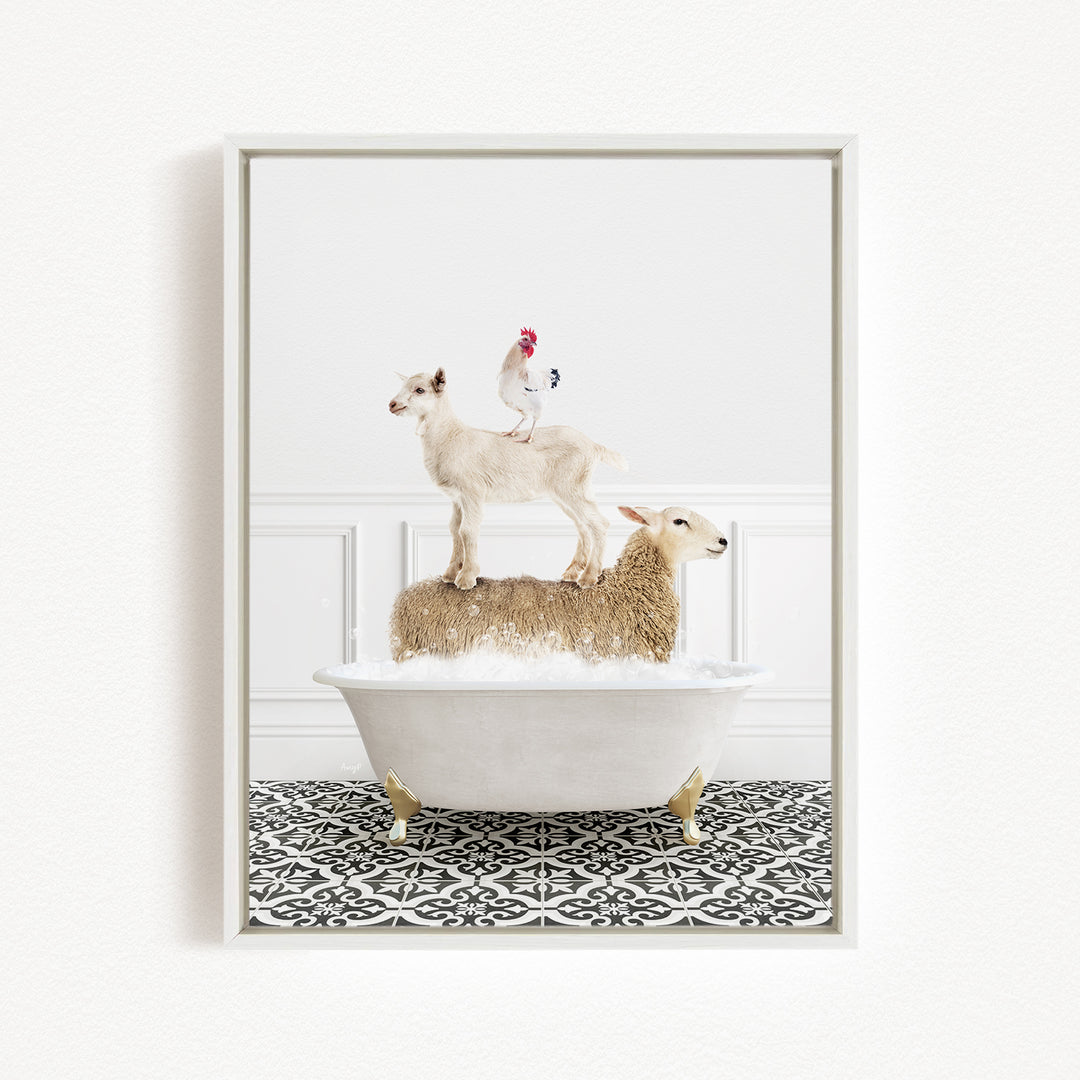 A white bathtub filled with water, with a goat standing on top of a sheep and a chicken perched on the goat's back.