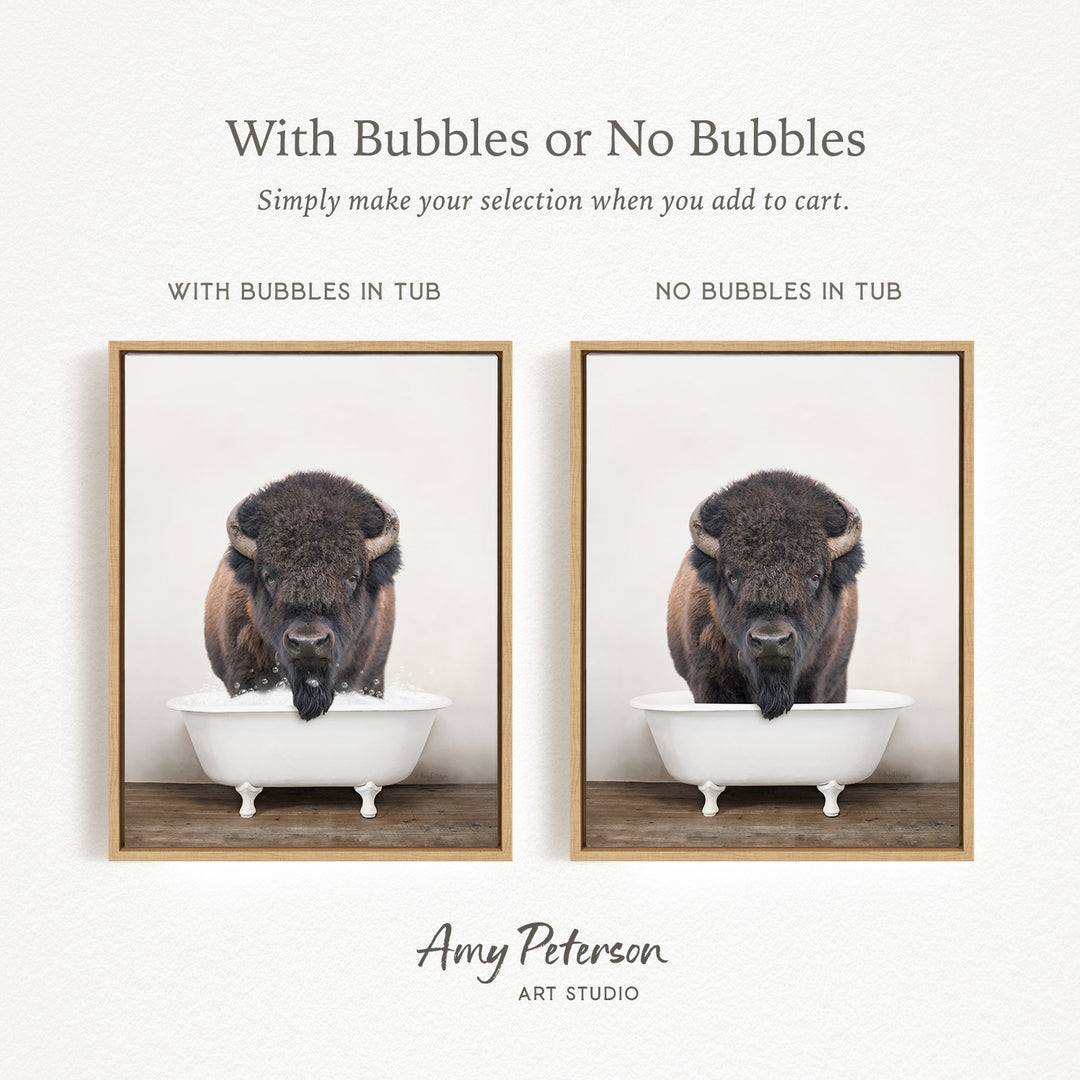 The image is a collage of two pictures featuring a buffalo in a tub. The buffalo has a beard and appears to be drinking from the tub. The text above the images reads "With Bubbles or No Bubbles" and below the images, it says "Simply make your selection when you add to cart."