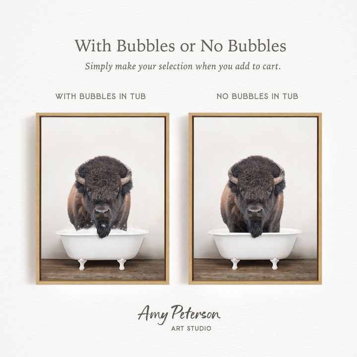 The image is a collage of two pictures featuring a buffalo in a tub. The buffalo has a beard and appears to be drinking from the tub. The text above the images reads "With Bubbles or No Bubbles" and below the images, it says "Simply make your selection when you add to cart."