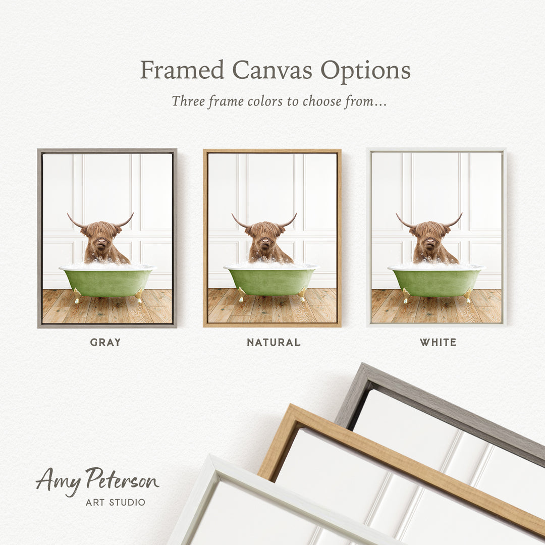 The image is a framed canvas option showcasing three different frame colors: gray, natural, and white. The canvas displays a brown cow sitting in a green tub, with the cow's head in the water.