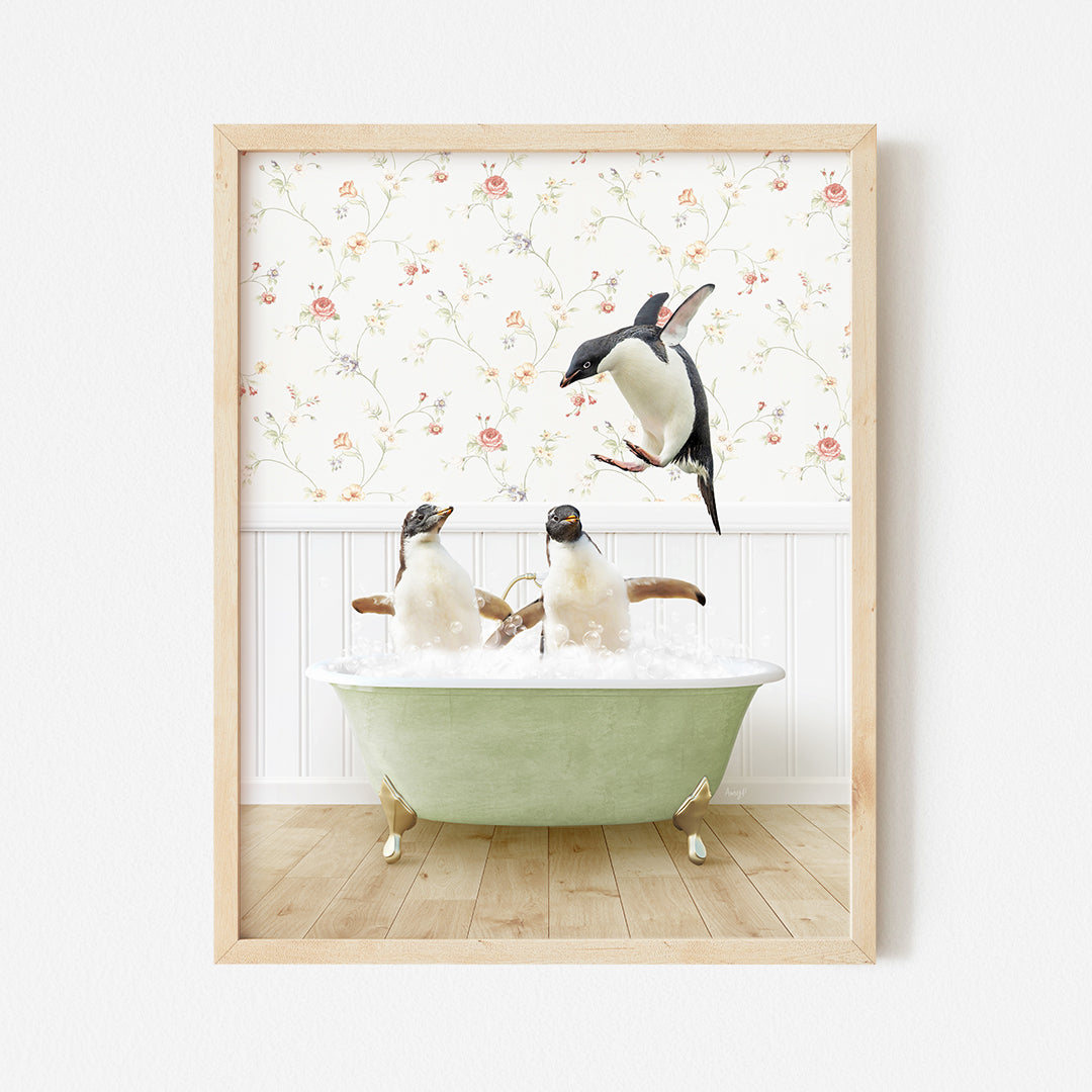 a picture of three penguins in a bathtub