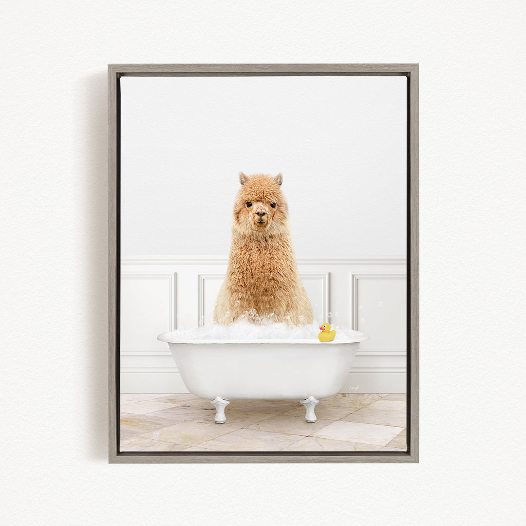 A fluffy alpaca sits in a white bathtub filled with bubbles, with a rubber duck floating nearby.