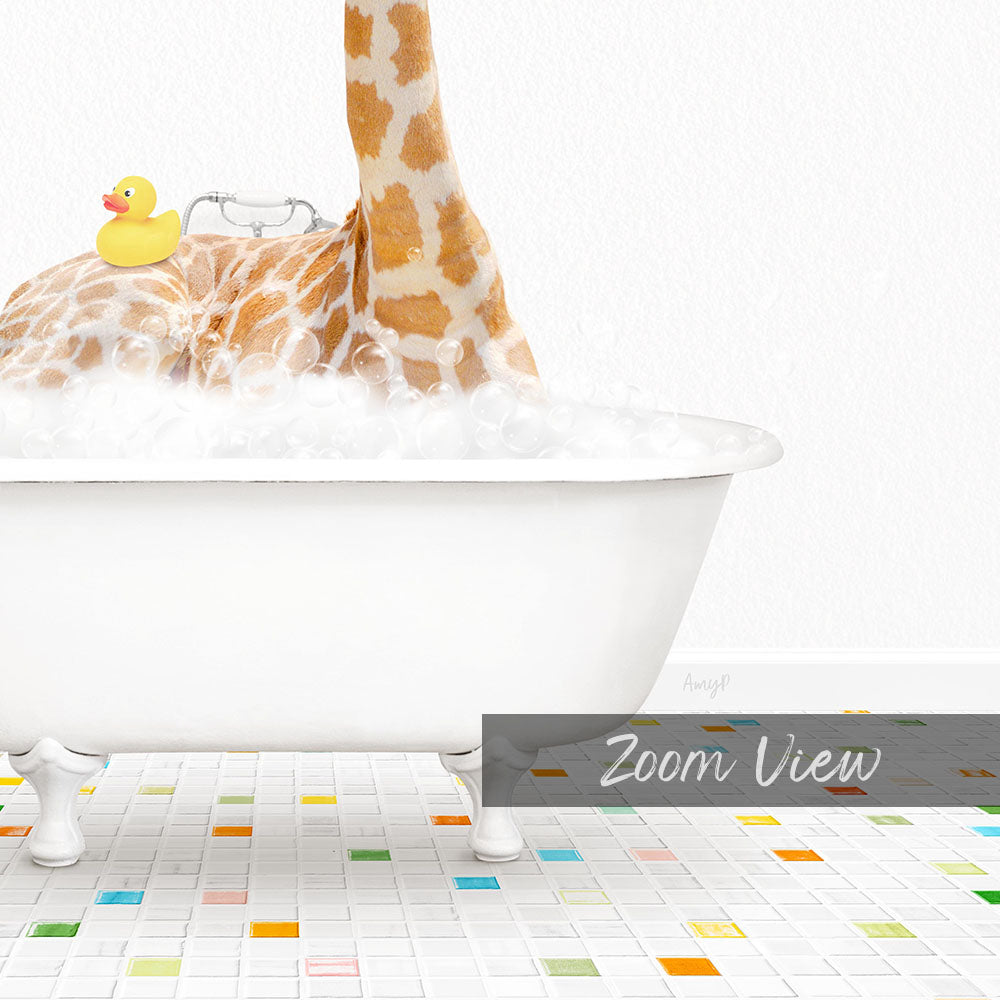 A giraffe is standing in a bathtub filled with bubbles, with a rubber duck floating on the water.