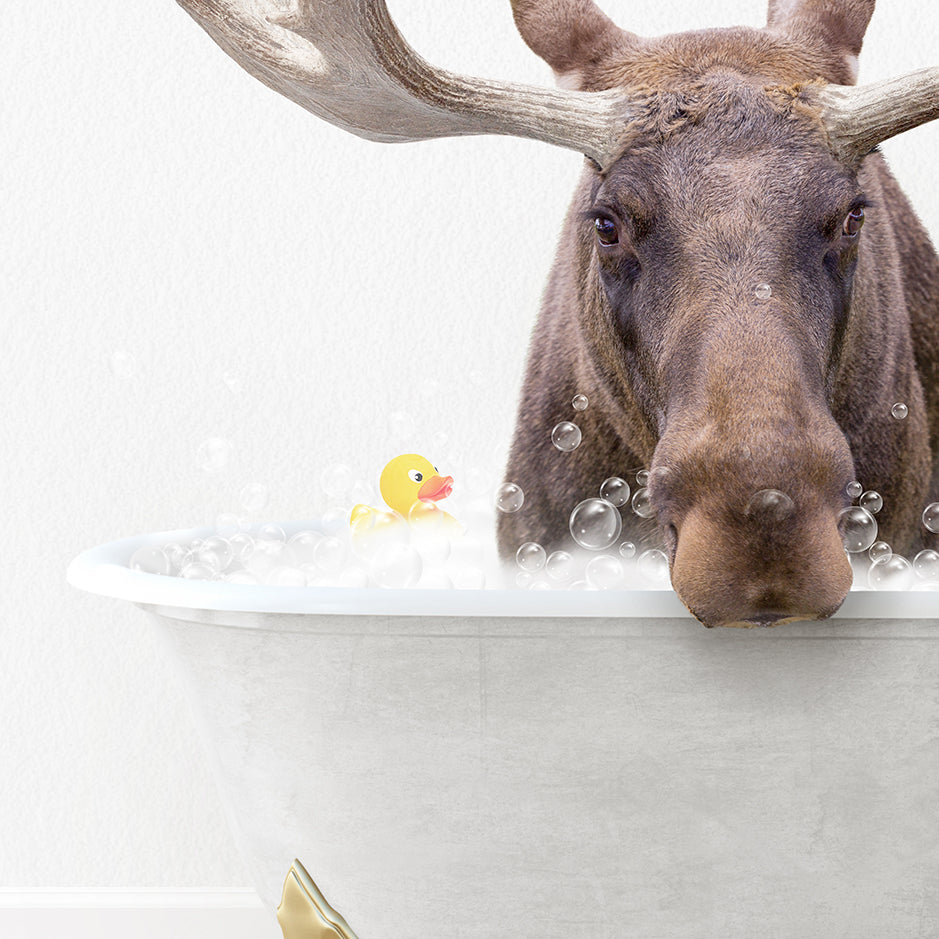 a moose is taking a bath in a bathtub