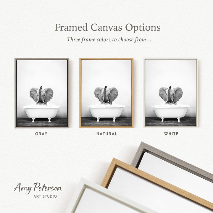three framed canvas options, each featuring a black and white photograph of an elephant in a bathtub. The options include a gray frame, a natural frame, and a white frame.