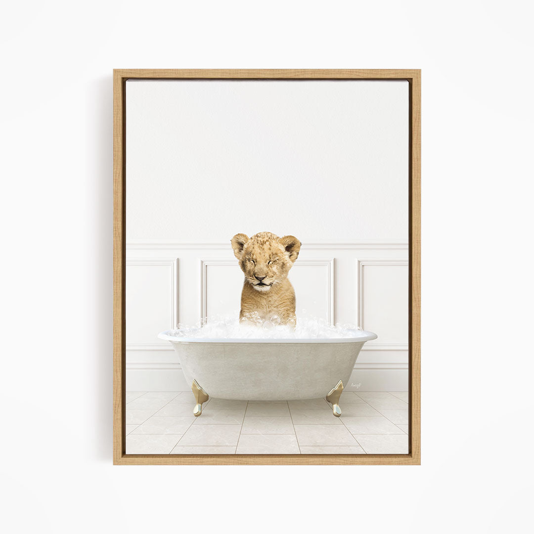 A young lion cub sitting in a white bathtub filled with water, looking directly at the camera.