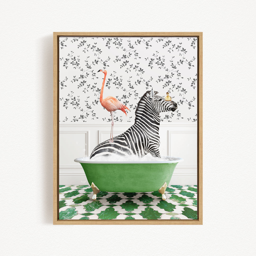 A zebra is sitting in a green bathtub, surrounded by a pink flamingo and a yellow bird, against a backdrop of a floral patterned wall.