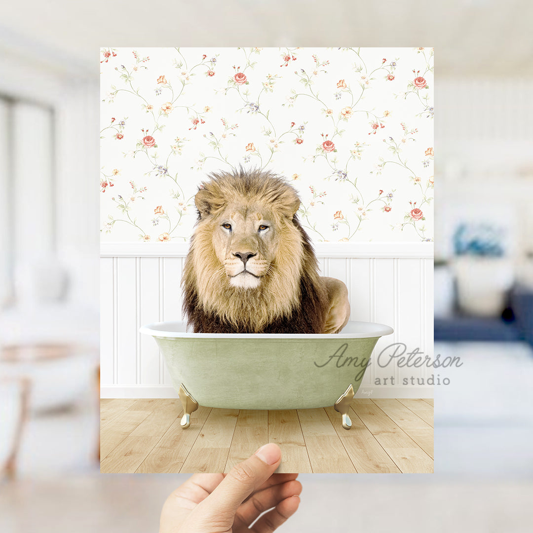 a hand holding a photo of a lion in a bathtub