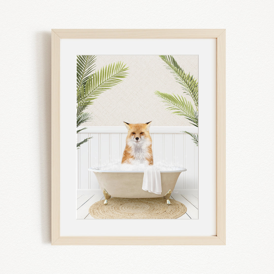 A fox is sitting in a bathtub filled with bubbles, surrounded by green plants.