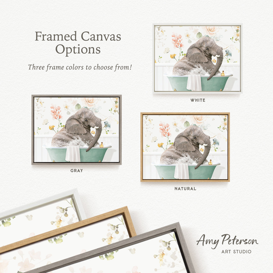The image is a framed canvas with three different color options for a painting of an elephant in a bathtub. The options are "White", "Grays", and "Natural".
