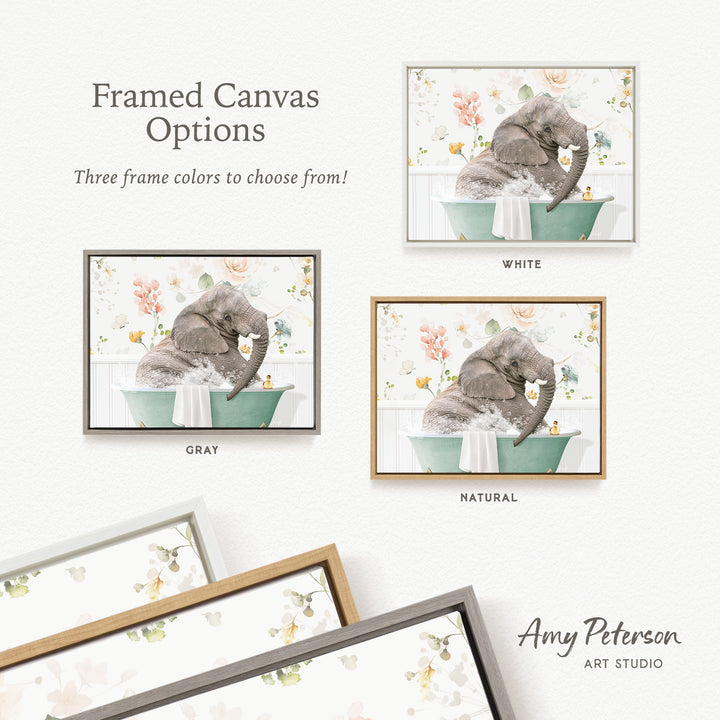 The image is a framed canvas with three different color options for a painting of an elephant in a bathtub. The options are "White", "Grays", and "Natural".