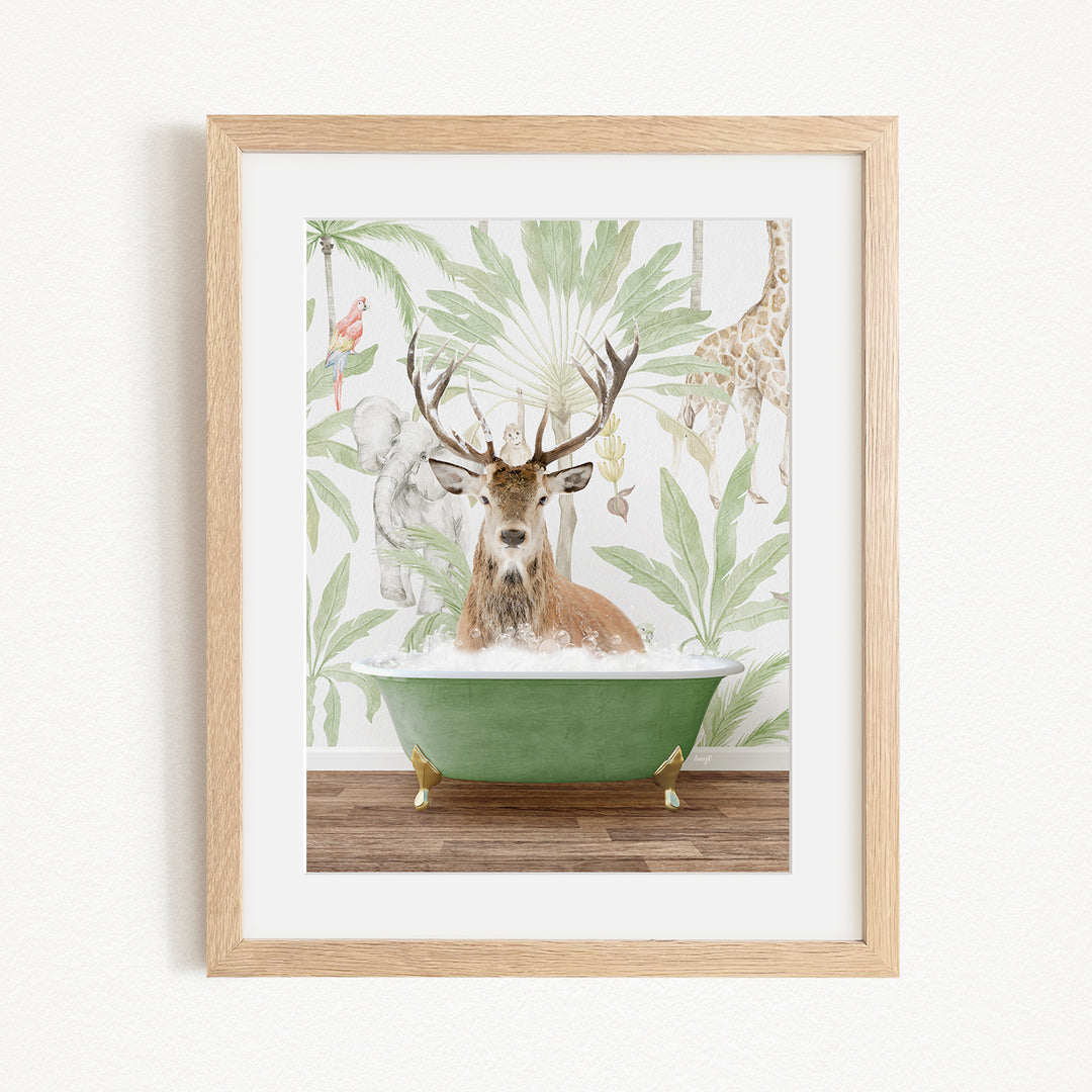 A deer with antlers is sitting in a green bathtub, surrounded by a tropical jungle scene with various animals and plants.