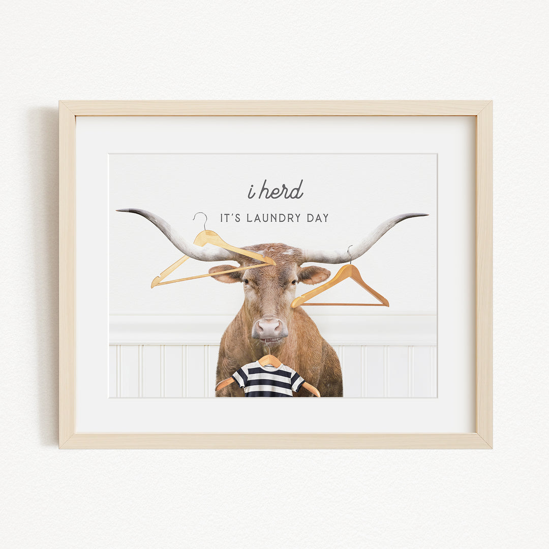 A framed image depicting a brown cow with large horns, surrounded by hanging clothes and the text "It's laundry day" in a playful and humorous manner.