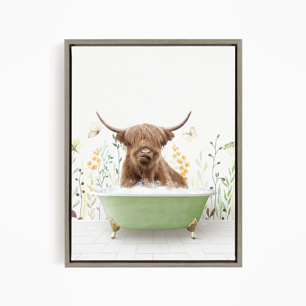 A brown cow with horns is sitting in a green bathtub filled with water, surrounded by flowers and butterflies.