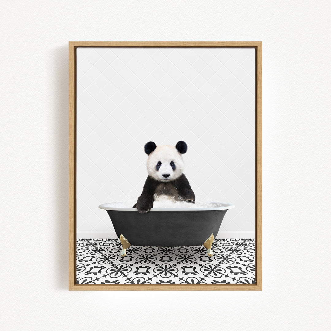 A panda bear sitting in a bathtub filled with water, surrounded by a black and white patterned floor.