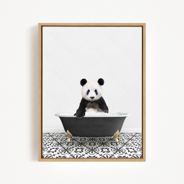 A panda bear sitting in a bathtub filled with water, surrounded by a black and white patterned floor.