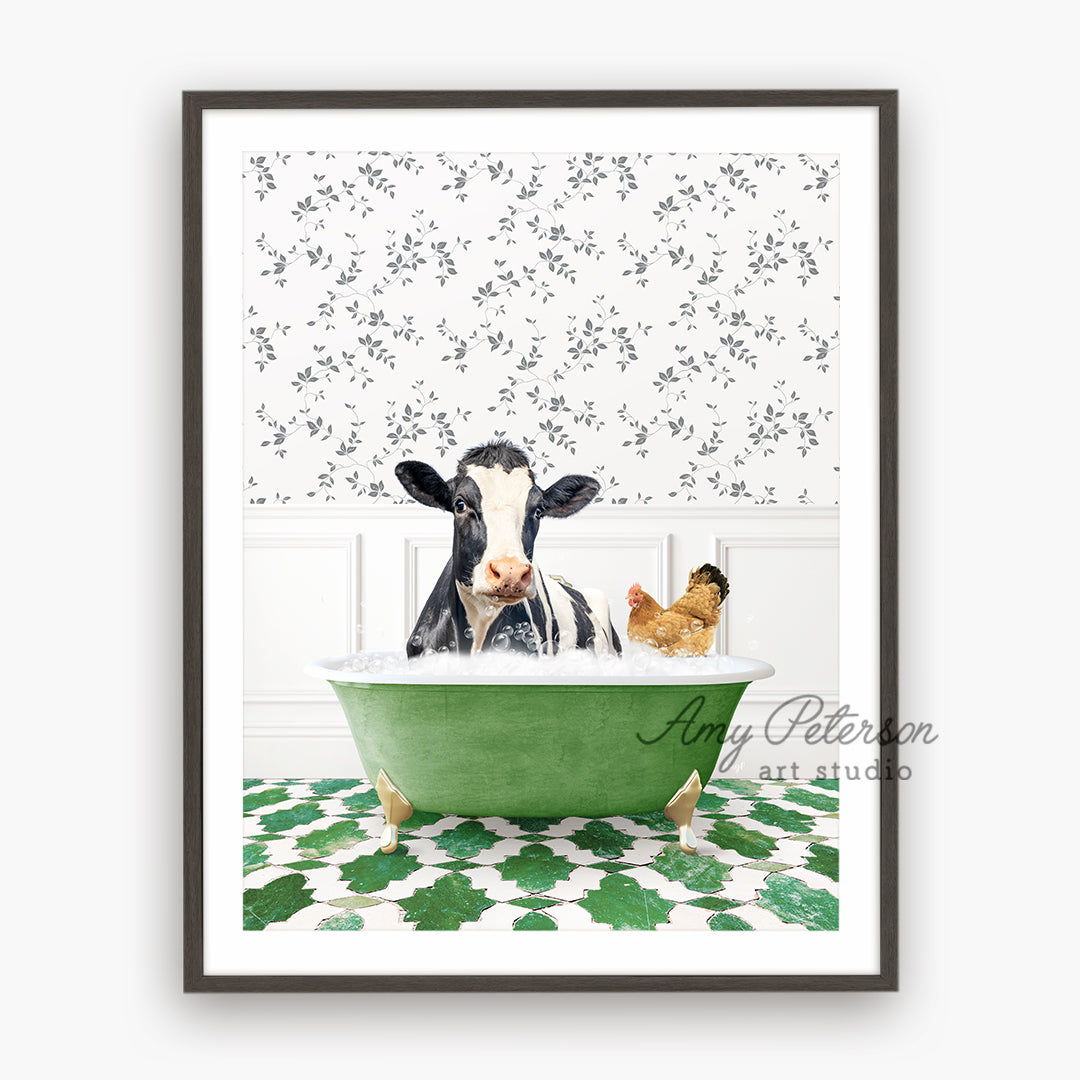 a picture of a cow in a bathtub with two dogs