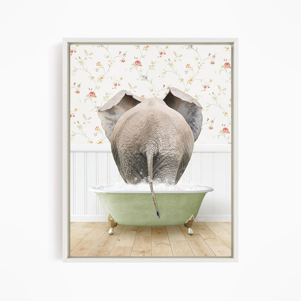 An elephant is standing in a green bathtub filled with water, with its trunk submerged in the water.