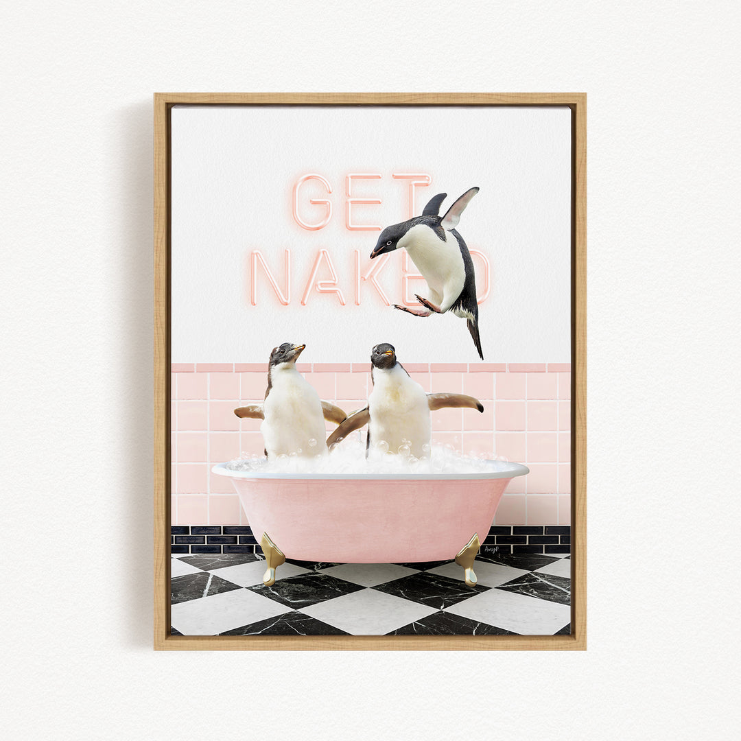 A framed image depicting three penguins in a pink bathtub, with the text "GET NAKED" displayed above them.