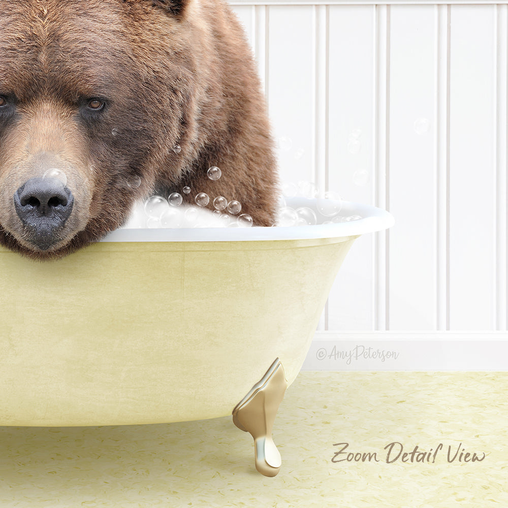 A brown bear is sitting in a bathtub filled with bubbles, appearing to enjoy a relaxing bath.